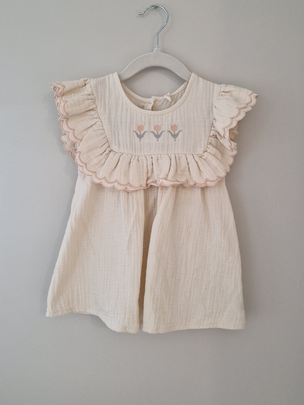 Quincy Mae Cream Ruffle Dress with Pink Trim